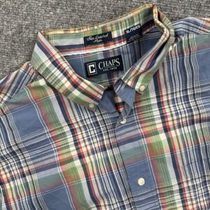Chaps Mens Plaid Button Down Shirt XL Short Sleeve Sun Drenched Poplin Cotton